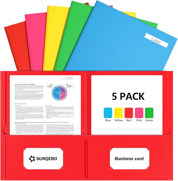 2 Pocket Folders, 5 Pack Folders with Pockets, Textured Paper File Folders | Fit Letter Size Paper, 5 Assorted Colors for Office, Home, Business, Back to School Supplies