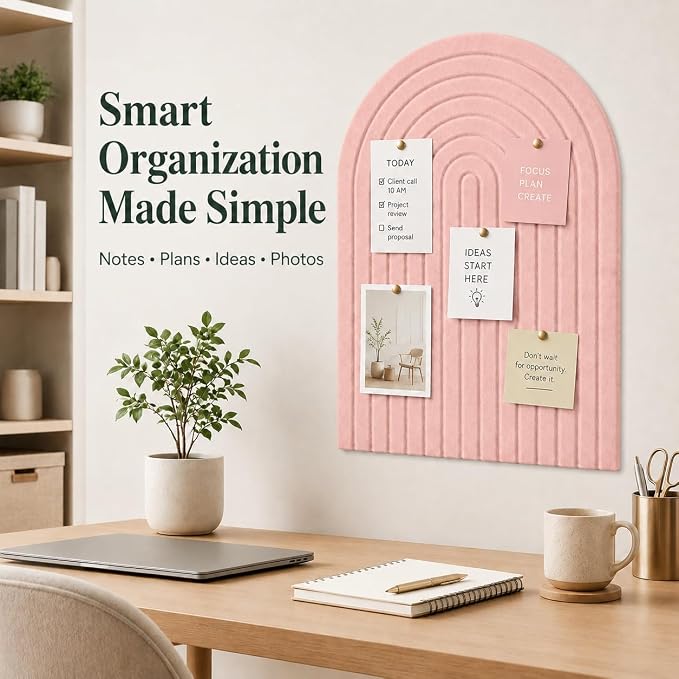 Large Arched Felt Bulletin Board, Sized 36" x 24" for Office & Wall Decor – 6 Customizable Adhesive Tiles with Pins are Perfect to Display Your Photos (Pink-A)