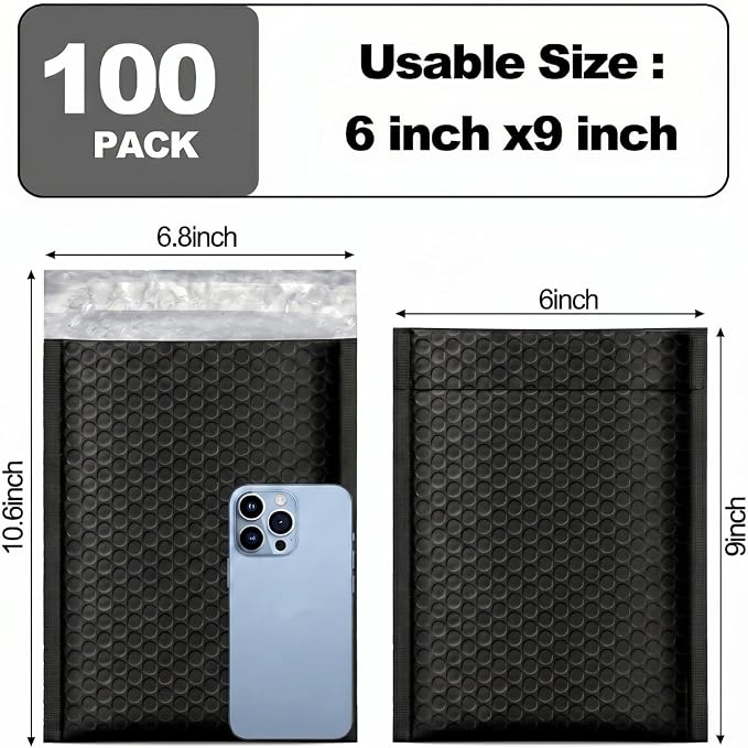 Nicunom 100 Pack Bubble Mailers 6x10", Usable Size 6x9" Self Seal Padded Envelopes Opaque Poly Wrap Bubble Bags Waterproof Shipping Bags for Small Business Mailing Makeup Jewelry Gifts, Black
