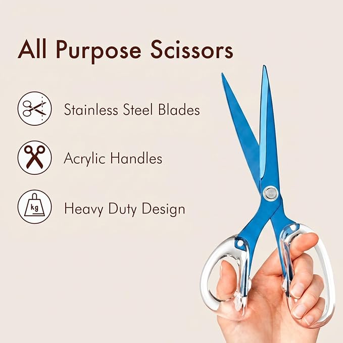 9” Stainless Steel Acrylic Scissors, Sapphire | Aesthetic and sharp all purpose scissors, Perfect for sewing, arts, and crafts, Stationery tools for office, and school