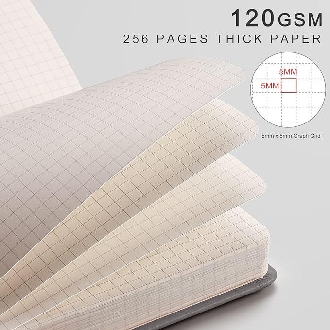 EMSHOI Graph Paper Notebook, 256 Pages 120 GSM Thick Paper, A5 Small 5.75"x8.38", PU Leather Hardcover Journal, 5mm Grid Notebook for Work School Math Engineering Writing Graphing, Khaki