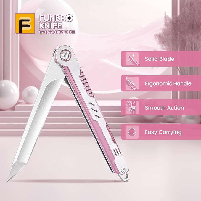 Pink Pocket Knife for Women - Slim EDC Knife with 7CR13Mov Steel Tanto Blade, Clip and Glass Breaker - Womens Knife for Self Defense - Cute Girl Survival Tool Pocket & Folding Knives