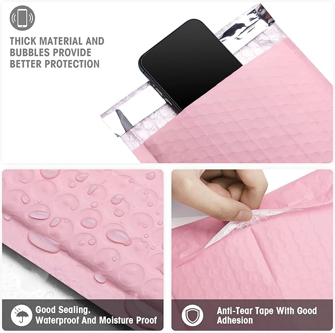 Metronic Bubble Mailers 6x10 50Pack, Light Pink, Self-Seal Waterproof Padded Envelopes, Shipping Bags for Packaging, Mailing Supplies for Small Business, Usable Size 6x9