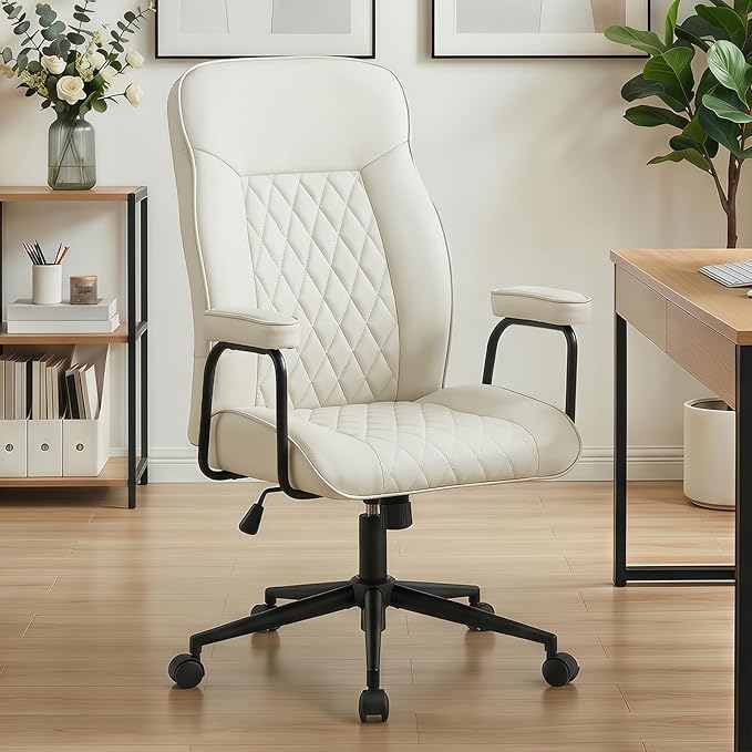 Leather Office Chair, Comfy Home Office Desk Chair, Mid Century Modern Office Chair with Lumbar Support, Mid-Back Adjustable Swivel Computer Chair with Wheels and Arms, Cream White