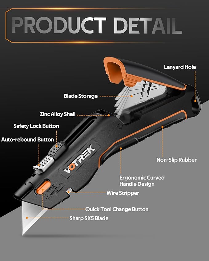 VOTREK® Box Cutter Utility Knife, [2-in-1] Retractable Box Cutter, Box Opener, Package Opener, Safety Heavy Duty Sharp Razor Knife for Home & Warehouse Cardboard, Blade Storage, with Extra Blades