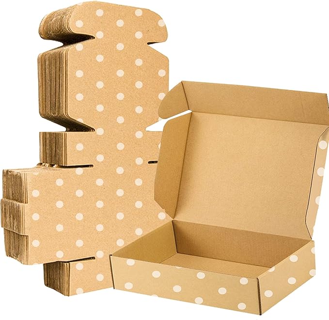 25 Pack Recyclable Corrugated Box Mailers,Kraft Cardboard Box White Polka Dot Printed for Shipping, Medium Mailing Boxes for Packaging Business, Mailer, Gift Packing, Crafts Packing(11"x 8"x 2")