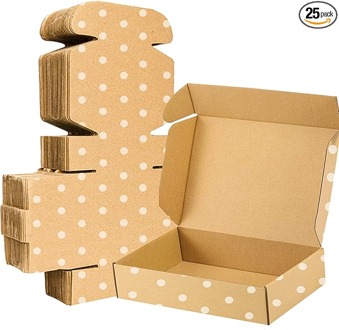 13" x 10" x 2" Shipping Boxes 25 Pack, Brown Corrugated Mailer Boxes, Kraft Cardboard Box White Polka Dot Printed Perfect for Shipping, Large Mailing Boxes for Packaging Business Mailing Literature