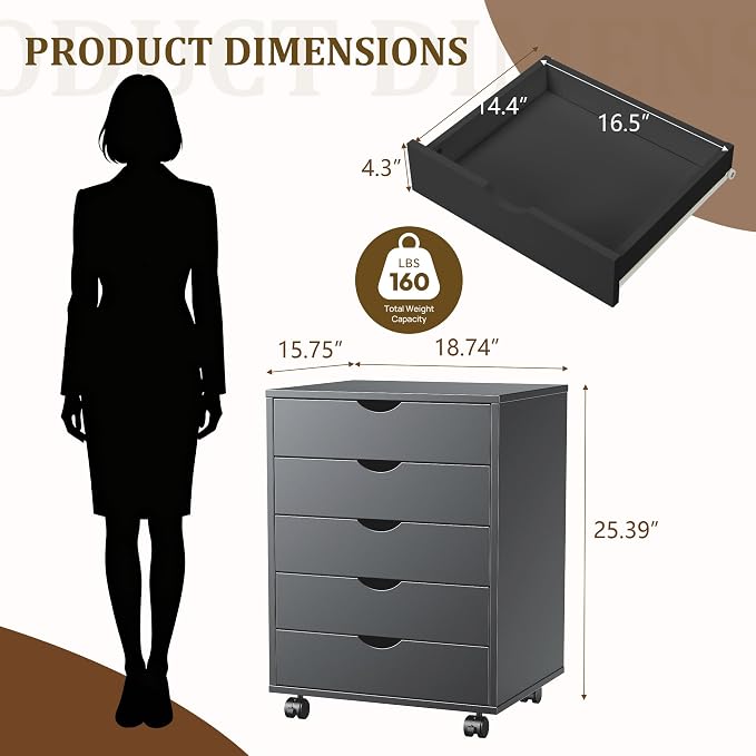 5 Drawer File Cabinet with Wheels, Under Desk Storage Drawers, Black | 5 Drawers File Cabinet with Wheels for Under Desk Storage, Office Organization and Small Printer Stand