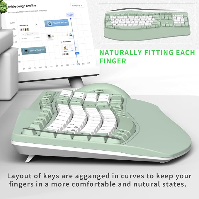 Wireless Keyboard and Mouse Combo,2.4G Ergonomic Wave Keys(Avocado Green-B) | Full Size Cordless Keyboard with Wrist Rest,3-Level DPI Ergonomic Mouse for Office and Home,Windows/Mac OS/Desktop/Laptop/PC