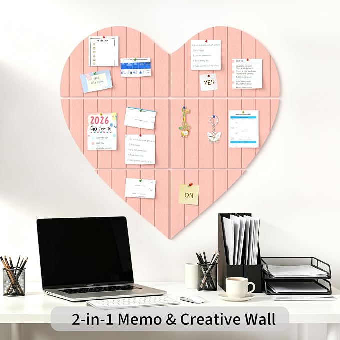 Heart Shaped Felt Bulletin Board 29"x29", 6 Tiles Wall Decor, Pink | Photo Display Memo Board for Office Home, Felt Pin Board with Adhesive Tiles and Pins for Notes, Photos and Artwork