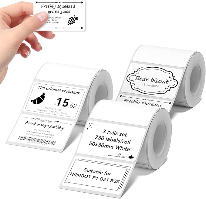 NIIMBOT Labels for B1/B2/B21/B31/B3S/K3 Sticker Printer, 50x30mm, White | 3 Rolls Set, 1.97'' x 1.18'', 230 Labels/Roll, Refill Labeling Tape for Home School Office Small Business