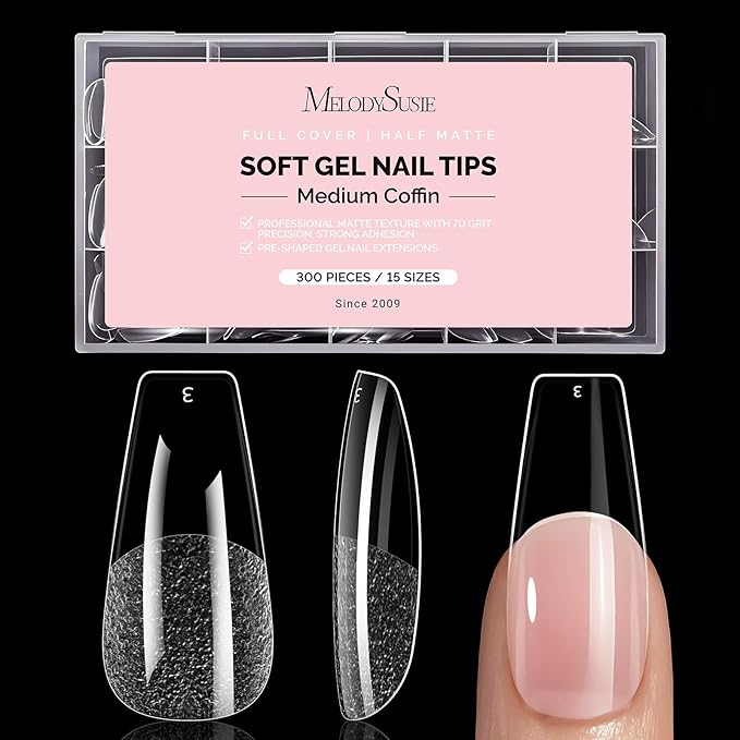 MelodySusie Medium Coffin X Nail Tips - 300Pcs 15 Sizes Clear Acrylic, Half Matte Full Cover Press on Nails for DIY Extension & Salon Use,Pre-Shaped for Long-Lasting Manicure