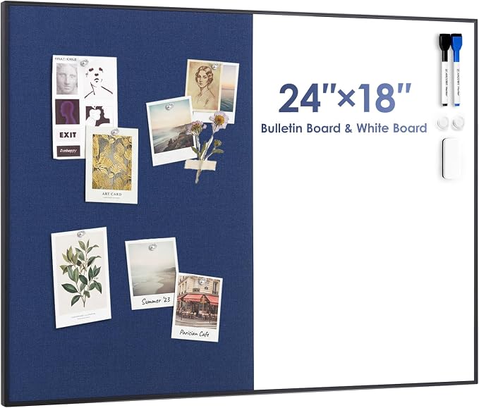 Cork Board White Board Combo for Wall | 24"X18" Linen Bulletin Board Whiteboard, Magnetic Dry Erase Corkboard for Home, Office, School, Blue