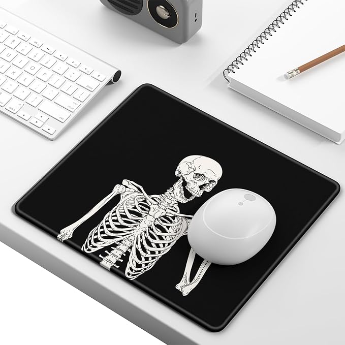 Mouse Pad, Minimalism Marble Style Computer Pad, Anti-Slip Rubber Mouse Mat with Stitched Edges for Gaming, Office, Laptop, PC, Women, 9" x 8" Thick 3 mm, Black Skull