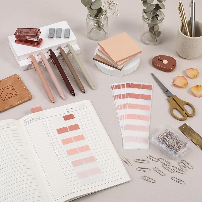 Khaki Mini Office Supplies Kit School Supplies Desk Accessories with Gel Pens Sticky Notes Stapler 1000 Scissor Paper Clips Index Tabs Box Cutter for Back to School Office