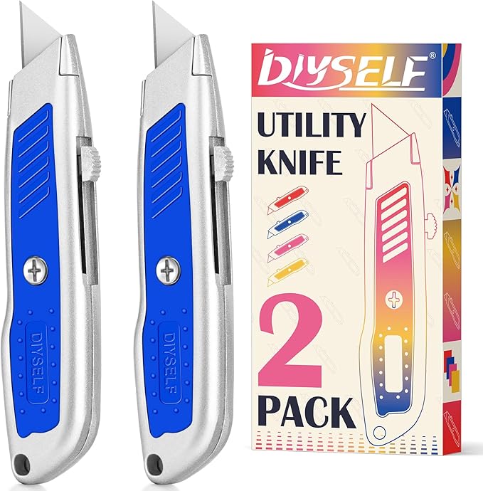 DIYSELF 2 Pack Box Cutter- Sharp Utility Knife- Box Cutters Heavy Duty for Carpet, Cardboard, Paper- Razor Knife- Box Opener- Cardboard Cutter- Exacto Knife- Retractable Knife (Blue)