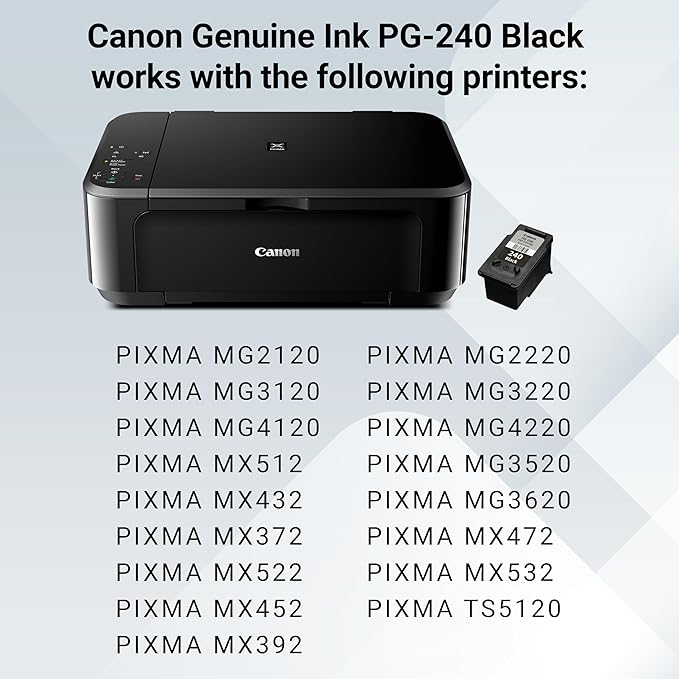 Canon PG-240 Genuine Black Ink Cartridge, Compatible with MG2120/3120/4120, MX512/432/472/372/392/522/532/452, MG2220/3220/4220/3520/3620, TS5120