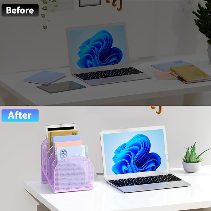 gianotter Desktop File Organizer with 5 Compartments | Desk Organizer Paper Organizer for Desk Workspace Organizers for Office Supplies (Purple, Inclined Style)