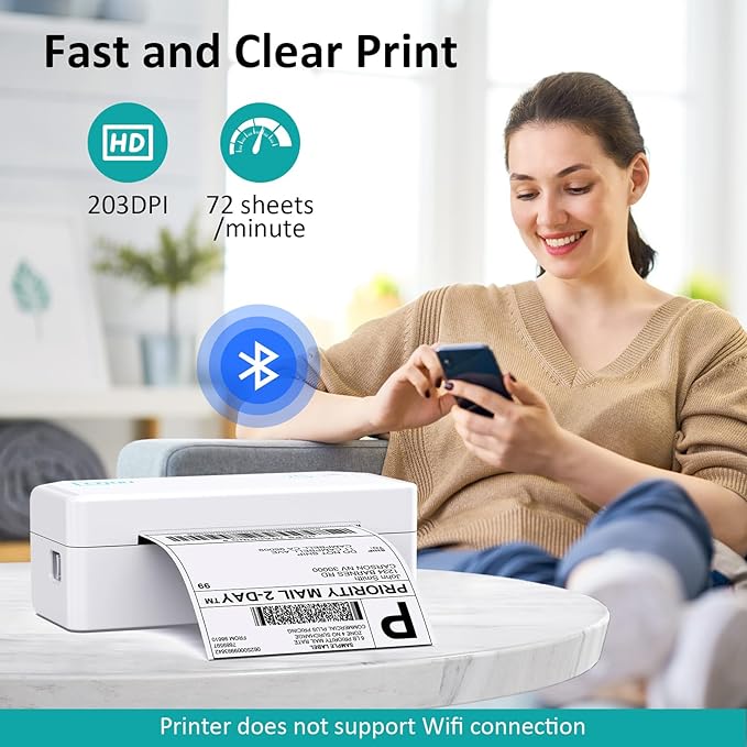 Thermal Shipping Label Printer, 4x6 Bluetooth Label Printer for Shipping Packages Small Business, Support iOS, Android, Mac, Windows, Chrome, Used for UPS, USPS, Ebay, Etsy, Amazon,White