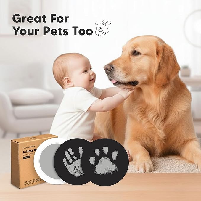 2-Pack Round Inkless Baby Hand and Footprint Kit - Mess Free Ink Pad for Newborn Keepsake, Dog Nose & Paw Print Kit, Clean Touch Ink Pad for Baby Hand & Footprints, Ideal New Mom Gifts (Silver)