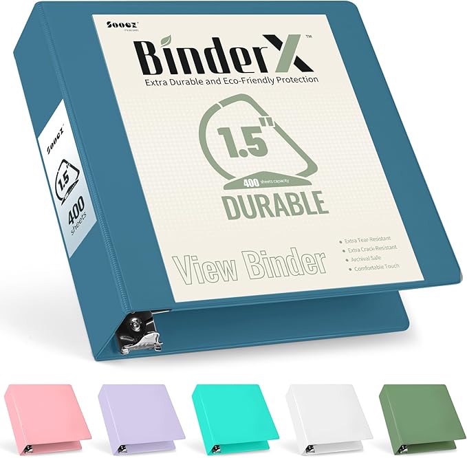 Sooez BinderX Extra Durable 1.5 Inch 3 Ring Binders, D-Ring Large Binder, Holds 400 Sheets of 8.5x11 Paper, Customizable View Cover with Inside Pockets, Heavy Duty 3 Ring Binder for School