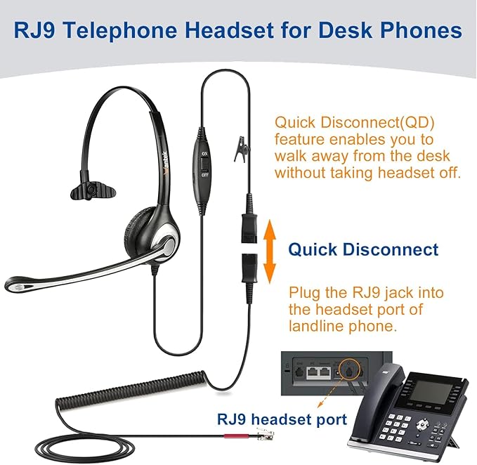 Wantek Yealink Phone Headset with Quick Disconnect Cord, RJ9 Office Telephone Headsets with Mic Noise Cancelling Compatible with Yealink VoIP Phone T21P T42S T46S T48S T27G T53W T54W Grandstream Snom