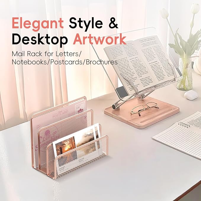 Mail Organizer Countertop for Desk, Mail File Holder with 3-Slot, Rose Gold | Metal Mesh Mail Sorter for Letters, Envelopes, Bills, and Files for Home Offices, Classroom Organization