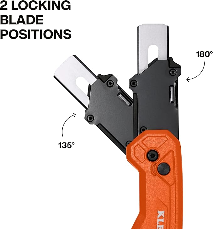 Klein Tools 44310 FLICKBLADE Carpet Blade Folding Utility Knife, Two Locking Positions at 135-Degree and 180-Degree, Integrated Tucking Tool, Tool-Free Blade Change, Durable Aluminum Body