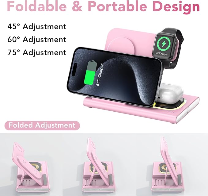 3 in 1 Foldable Wireless Fast Charging Station for Apple Multiple Devices | iPhone Charging Station for iPhone 17, Travel iWatch Charger Stand, Light Nightstand Charging Dock for Apple Watch/Airpods