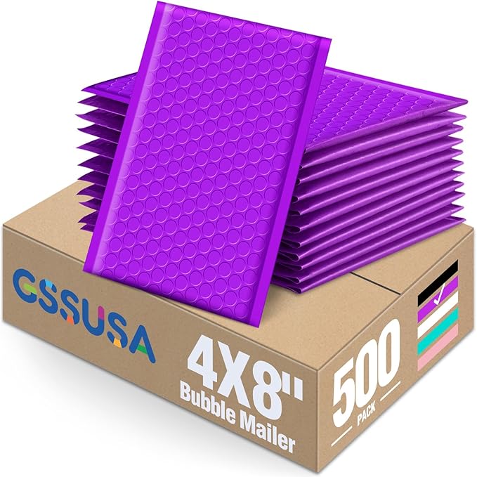GSSUSA Purple Bubble Mailers 4X8 Inches 500 Pack, Padded Poly Bubble Mailer, Small Padded Envelopes Strong Adhesion Bubble Envelopes,Self-Seal Mailing Envelopes for Small Business,Package Supplies