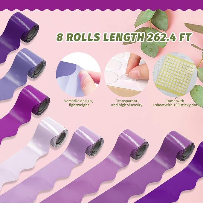 8 Rolls 262.4 Ft Purple Bulletin Board Borders - Purple Scalloped Bulletin Board Borders for Classroom, School & Office Decor - Bulletin Boards Decorations - Bulletin Boards Trim