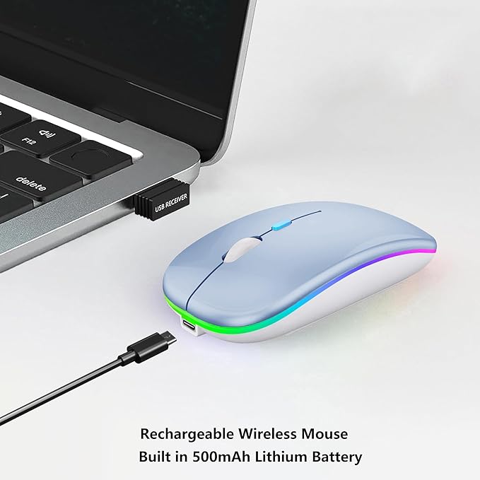 Wireless Bluetooth Mouse Rechargeable Laptop Mice with LED Lights Silent Slim Use(BT5.2 and 2.4G Portable USB) Dual Mode Computer Mouse for Laptop/iPad/Tablet/Apple/Computer/Mac (Blue)