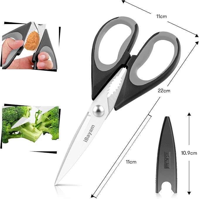 iBayam 8.5" Kitchen Scissors with Sheath, Black Cooking Scissors | All Purpose Shears, Kitchen Gadgets Utensils Set for Home, Seafood Tools