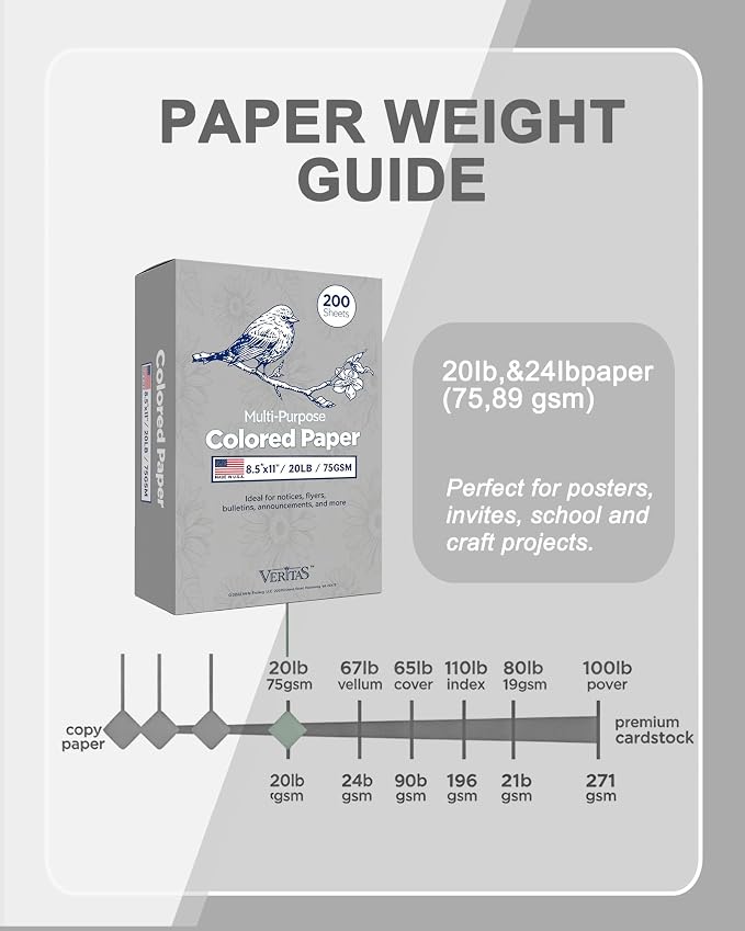 WritePads Veritas Colored Copy Paper, Gray Multi-Purpose paper,Colored Printer Paper 8.5” x 11”, 20 lb / 75 GSM,Grey,200 Sheets，Made in USA