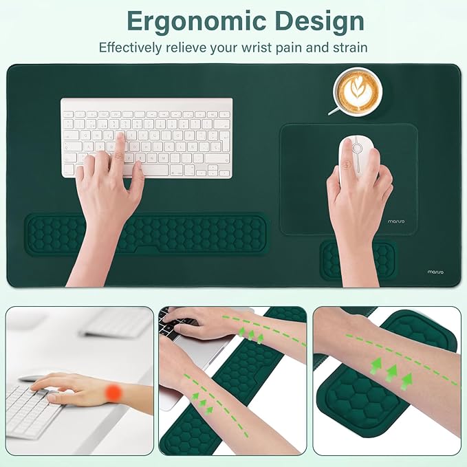 MOSISO Large Gaming Mouse Pad&Massage Keyboard Wrist Rest, Peacock Green | Mousepad&WristRest&Coaster,Ergonomic Non-Slip Base Pad Set&Pain Relief Easy Typing Cushion with Memory Foam for Home Office
