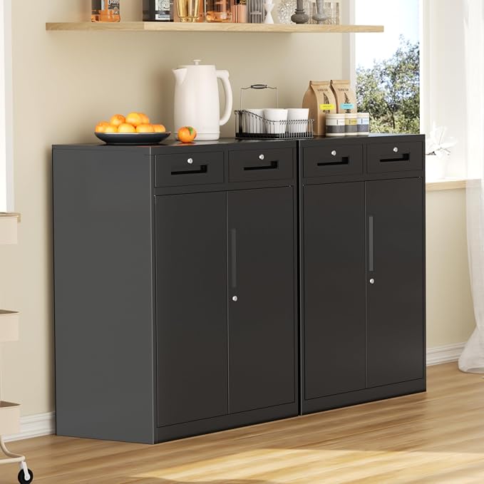 Metal Garage Storage Cabinets with Lock,Steel Storage Cabinet with Drawer and 2 Adjustable Shelves, Small Lockable Office Steel Cabinet for Home, Warehouse, School, Black