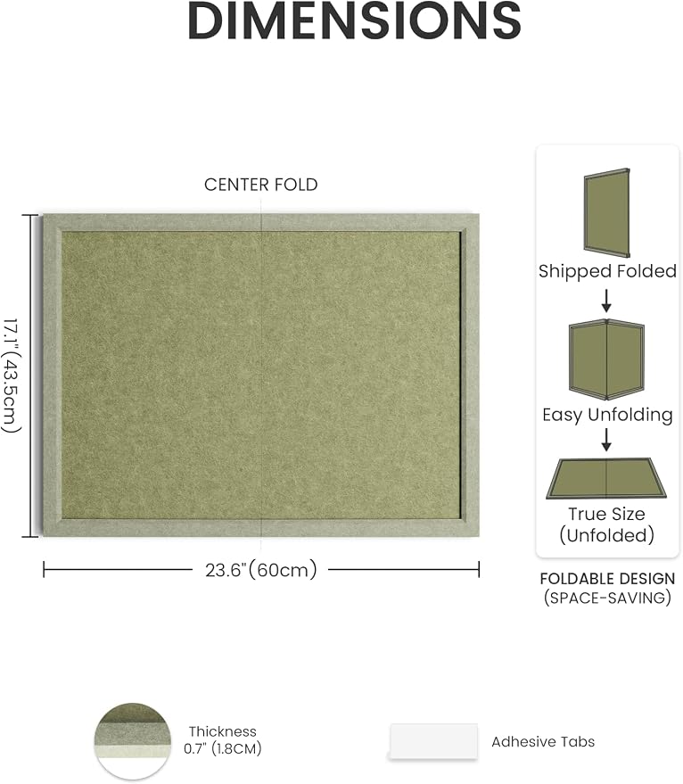 Fluxynara 23.6" x 17.1" Felt Frame Bulletin Board, Olive Green | Cork Board Alternative with 12 Removable Adhesive Tabs, Foldable Pin Board for Wall, Home, Office, Classroom & Dorm