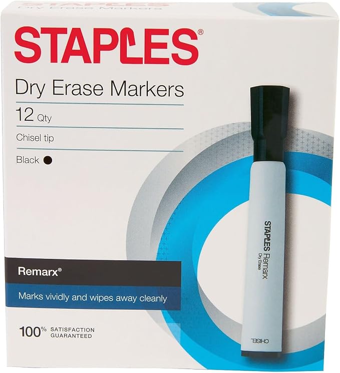 STAPLES Remarx Dry Erase Markers, Chisel Tip, Black, 36/Carton | Bold whiteboard markers, low odor, for everyday office use.