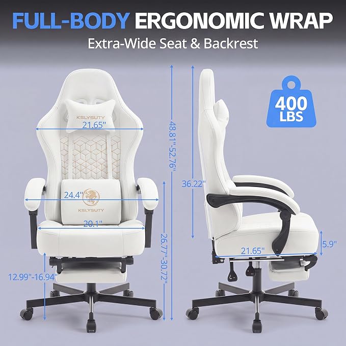 Desk Computer Gaming Chair - Ergonomic Game Office Chair with Extended Footrest and Massage Lumbar Support, Home Gamer Video Game Chairs with Spring Cushion for Adults (Pro White Leather)