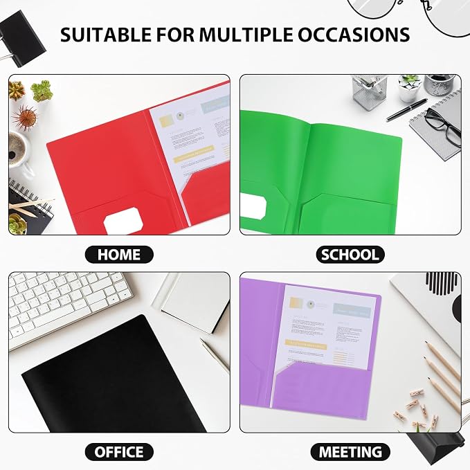 Plastic Folders with Pockets, 2 Pocket, Letter Size | 8.5x11 Paper, Business Card Slot, Black to School Supplies, For Kids / Students / Teachers, Office Organization