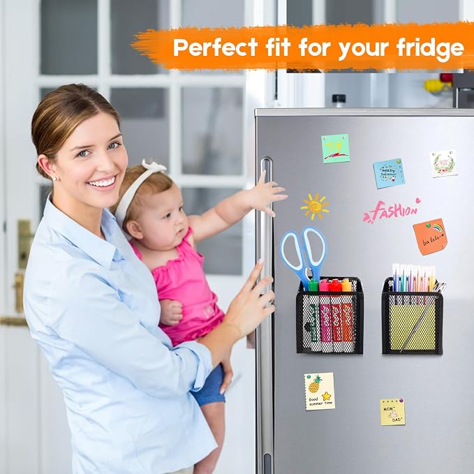 Magnetic Pencil Holder Whiteboard Pen Holder Locker Accessories (1-Slot*2) | Locker Organizer, Desk Organizer, Teacher Supplies, Mesh Basket, Strong Magnets, Black, For Fridge School Office Home