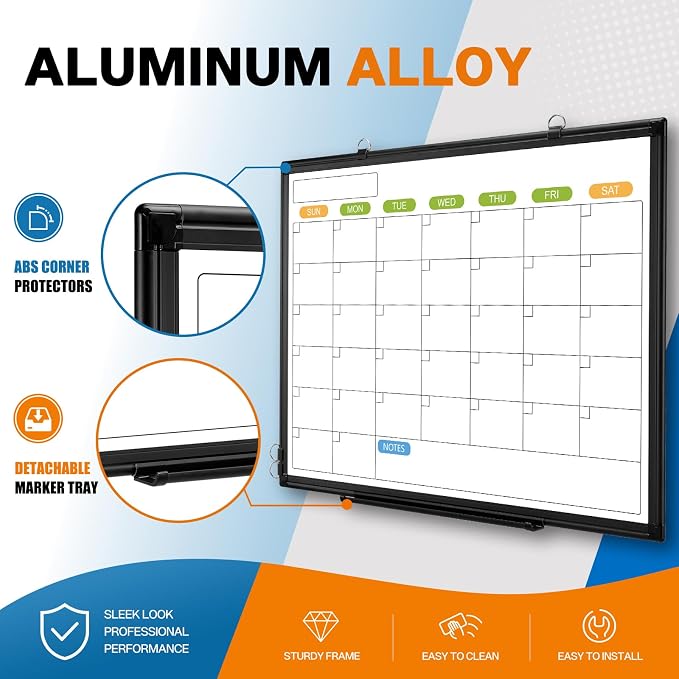 White Board Calendar 36 x 24 Monthly Whiteboard Dry Erase Calendar | Double-Sided Magnetic Calendar, Wall Planning Board with Marker Kits for Home, School, Office