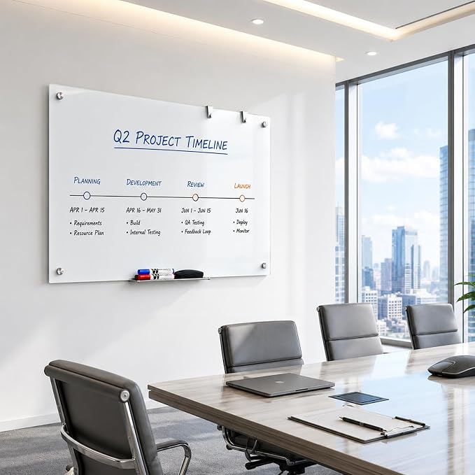 MaxGear Glass Whiteboard Tempered Glass Magnetic Dry Erase Board 48" x 36" | Tempered Glass, Sleek Modern Design, Smooth Writing, Easy Erase, Magnetic Surface, Frameless Design, Wall Mounted, Office Use