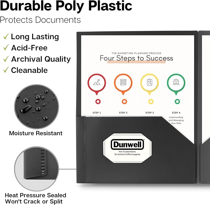 Dunwell Plastic 2-Pocket Folders, Black, 12 Pack, Heavy-Duty Poly | Heavy-Duty Acid-Free Poly, Fits Letter-Size Documents for School, Home & Office, Includes Removable Adhesive Labels