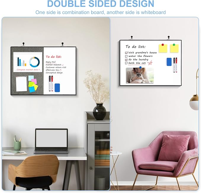 Cork Board White Board Combo | 24"X18" Linen Bulletin Board Whiteboard for Wall, Double-Sided Magnetic Dry Erase Corkboard for Home, Office, School, Grey