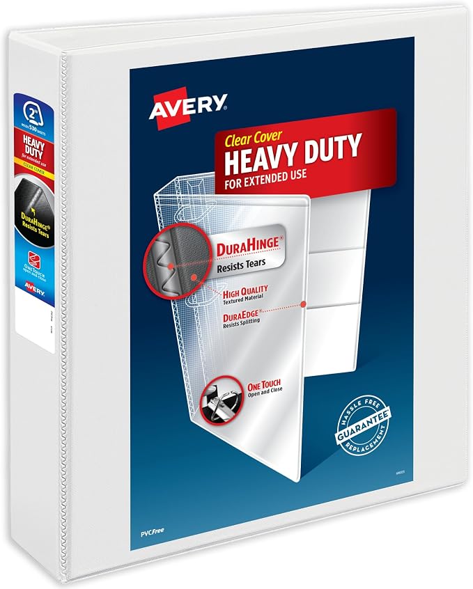 Avery® Heavy-Duty 3 Ring Binder, 2" Slant Rings, 1 White Binder | For Heavy School, Home and Office Use, DuraHinge Tear-Resistant Spine, DuraEdge Split-Resistant Sides, Clear Pockets