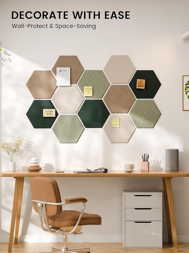 Fluxynara 12-Pack Hexagon Felt Bulletin Board Tiles, Nordic Moss-1 | Cork Board Alternative with 60 Adhesive Tabs for Notes, Photos and Reminders in Home Offices, Dorm and Classrooms