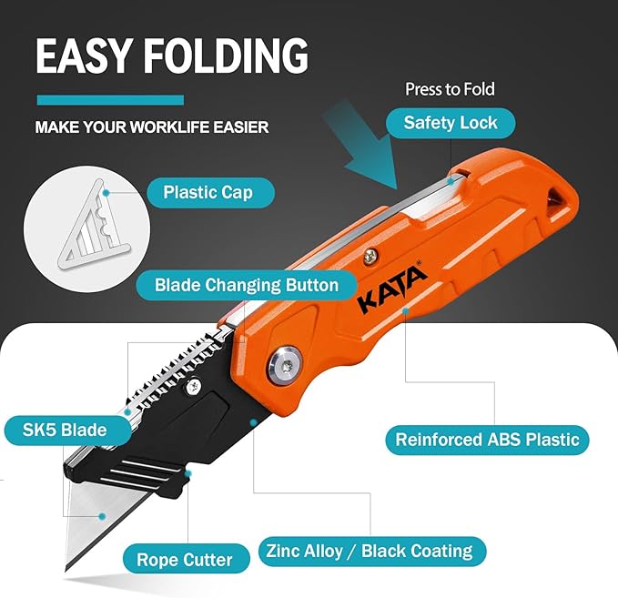 KATA Folding Box Cutter Knives - Heavy Duty Utility Knife Box Cutters with Extra 10pcs Razor Blades - 2-Pack Pocket Knife Plastic Cardboard Opener Tool - Gifts for Men Cutting Cartons, Leather, Rope