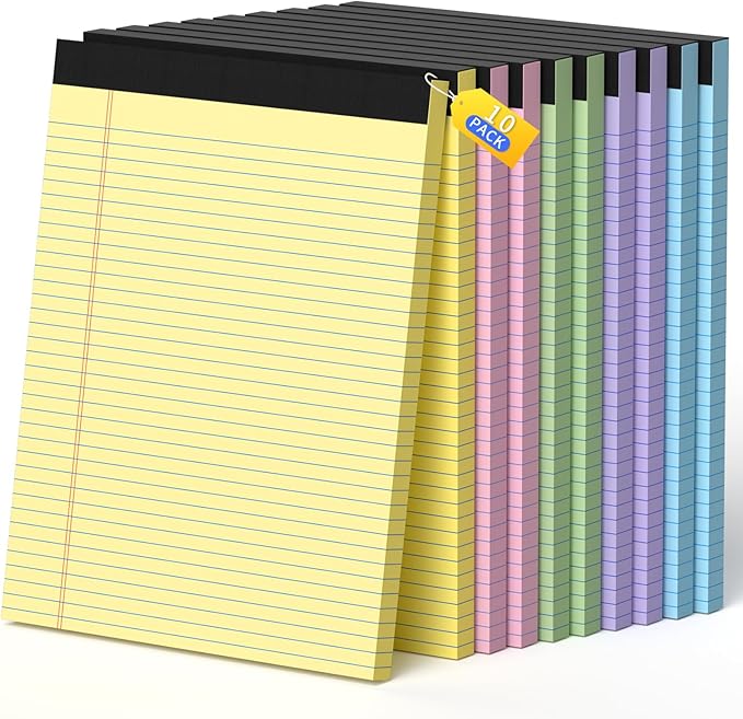 Glyanlee Legal Pads 8.5 X11, Narrow Ruled Notepads, 10 Pack, 50 Sheet/Pad, Colored Legal Pads, Tear Off Notepad, Perforated Writing Pad, Notebook Paper College Ruled, Notepads For Office Home School