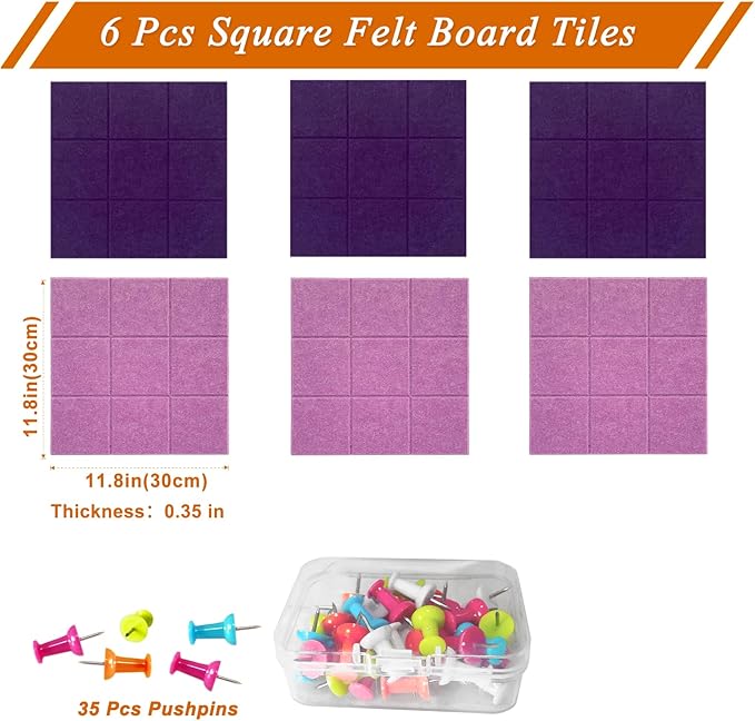 Large Square Felt Cork Board Tiles, Self Adhesive DIY Felt Bulletin Board with 35 Pushpins for Office School Home Wall Decor Stickers Memos (Purple & Light Purple)
